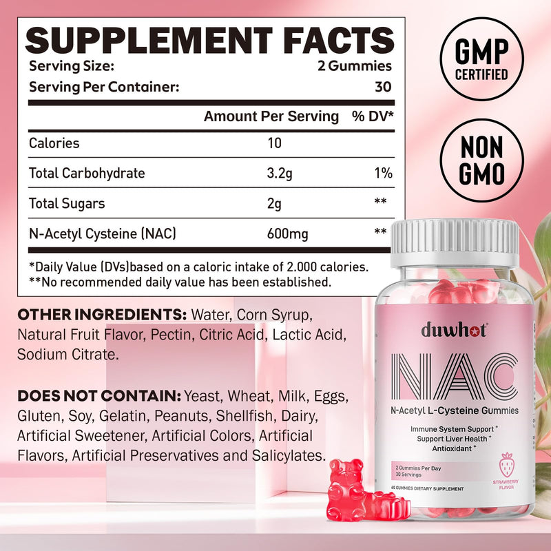 [Australia] - NAC Gummies 600mg, N Acetyl Cysteine Supplement NAC Chewable for Antioxidants & Immune Support, Lung & Liver Health, Natural Strawberry Flavor, 60ct 