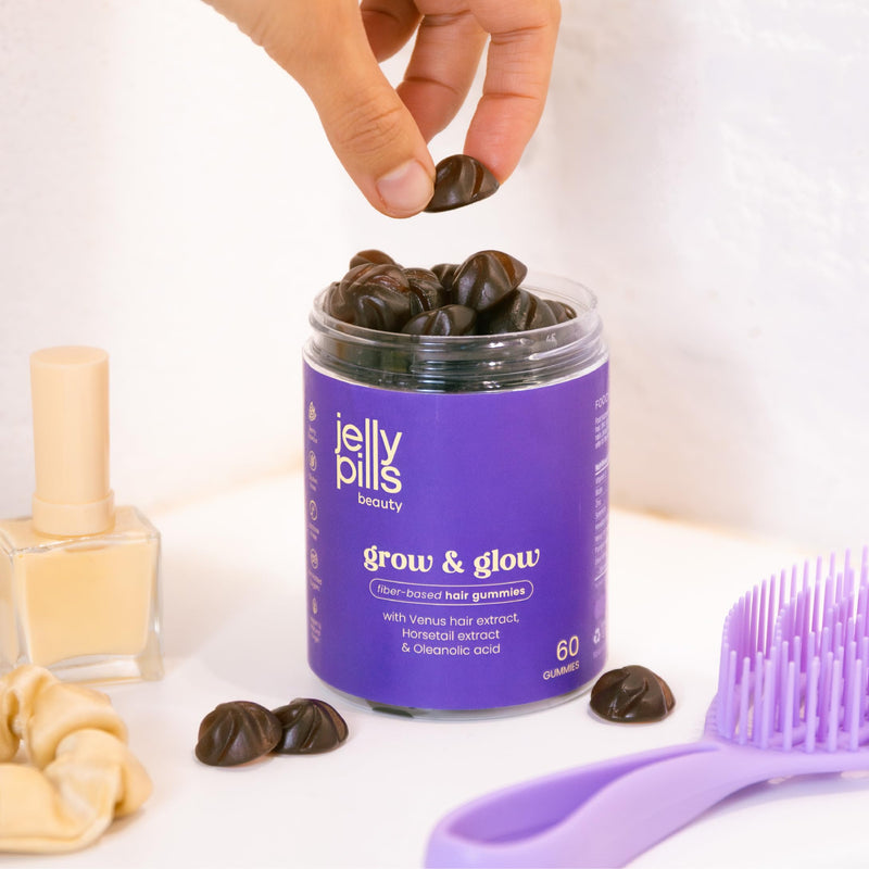 Jelly Pills Hair Gummies with Biotin, Horsetail and Oleanolic Acid - 60 Vegan Gummies - No Added Sugar - Raspberry Flavour - Hair, Skin & Nails