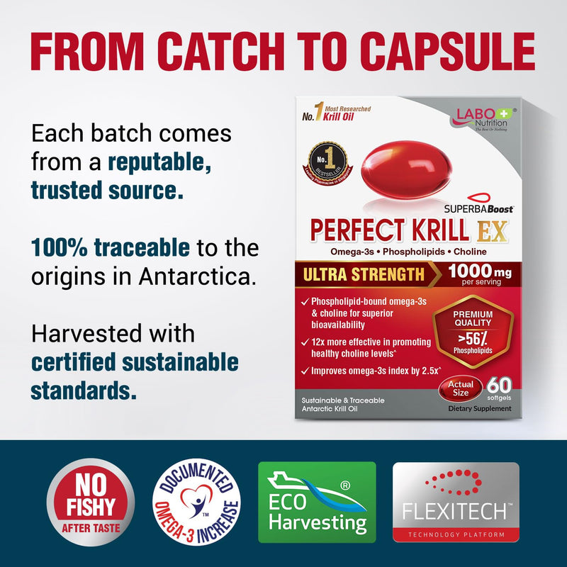 [Australia] - LABO Nutrition Perfect Krill EX, 1000mg Antarctic Krill Oil Omega 3 EPA DHA, Highest Phospholipids (Over 56%) with Choline, Astaxanthin | Heart Brain Eye Joint Health, Made in USA, 60 softgels 1 