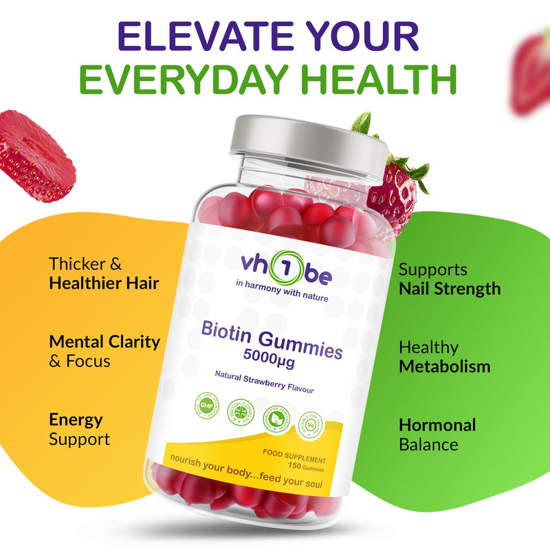 Biotin Gummies 10,000 mcg for Stronger Hair, Skin & Nails - 150 Vegan Gummies | Natural Strawberry Flavour Biotin Supplement