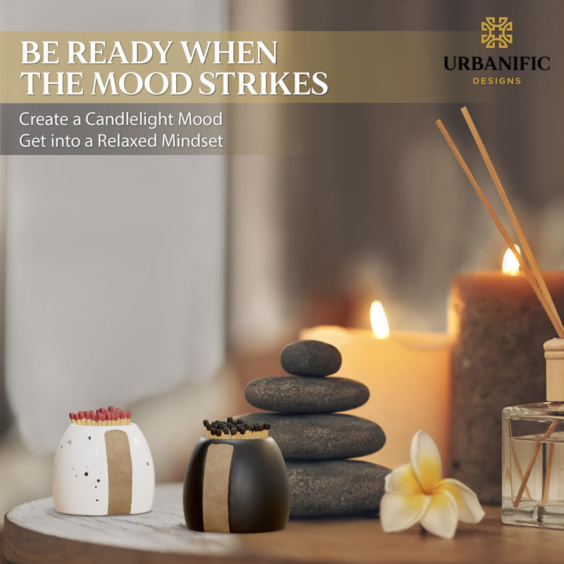 [Australia] - Match Holder with Striker - Set of 2 - Fancy Decorative Ceramic Matchstick Holders - Keeps Matches at Hand in a Cute Jar for Bathroom Candles and Kitchen Candle Home Decor - Matches Not Included 