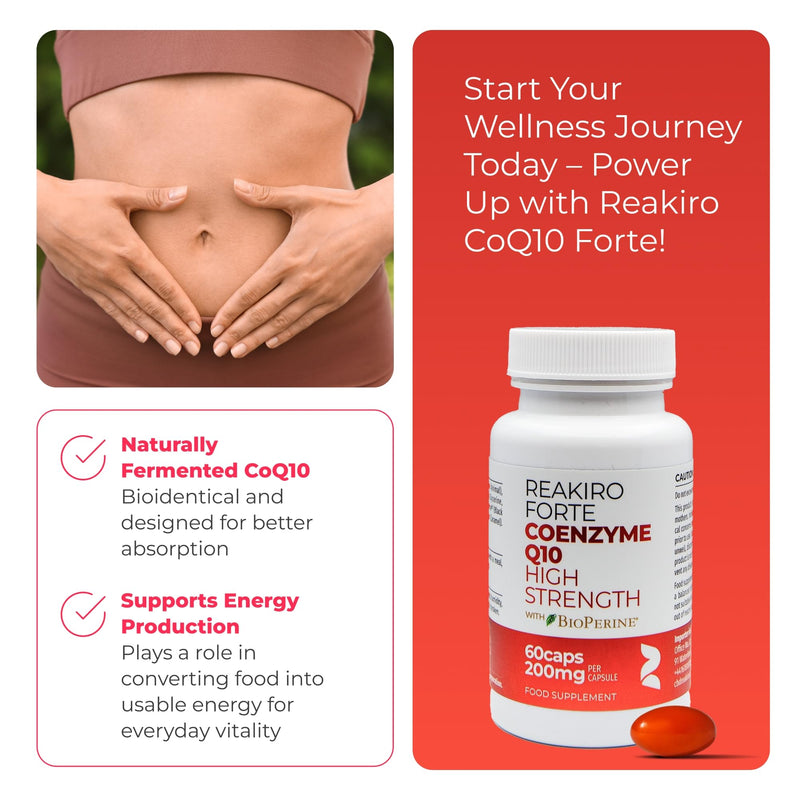 Reakiro Forte Coenzyme Q10 200mg of CoQ10 per Capsule, 60pcs I High Strength Naturally Fermented Co Enzyme Q10 Supplement with BioPerine I Expertly Crafted for Optimal Energy and Vitality 60 count (Pack of 1)