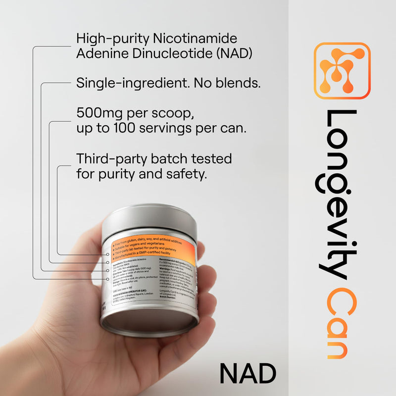 NAD Powder Pure - 500mg Approx 100 Servings/50g Tin- 3rd Party Tested, QR Verification - NAD Supplement - NAD+ Support no additives - Scoop Included - Vegan.