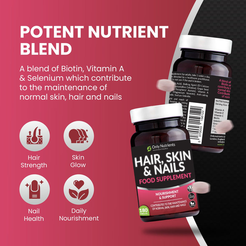 Hair Skin and Nails Vitamins, Beauty Supplements with Biotin & Selenium Plus Vitamin C, A & E, High-Strength Vegan Supplements for Women/Men, 180 Biotin Tablets