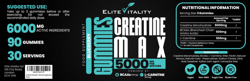 Creatine Monohydrate 90 Gummies 5000mg + BCAAs & L-Carnitine – 3rd Party Lab Tested, Vegan, Sugar-Free, Pre Workout Muscle Growth & Recovery Gym Supplement for Men & Women – Tangy Blueberry Blast