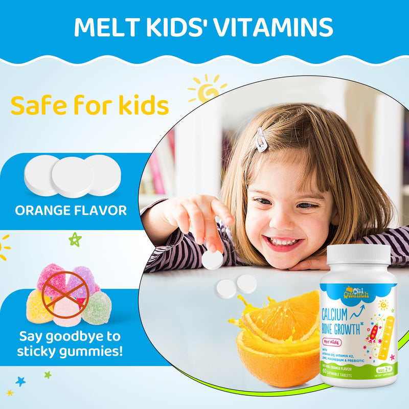 500 MG Calcium Supplement with Vitamin D3 & K2, Zinc, Magnesium & Prebiotics. Kids Vitamins for Kids' Height. Bone Strength, High Absorption, Orange Chewables, Gluten Free, 120 Tabs 60 Count (Pack of 2)