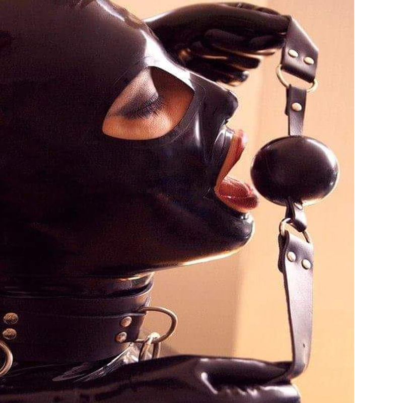 MFMYEE Bondage Latex Mask, BDSM Mask Fetish Head Hood Latex Cosplay Zipper Back, Open Eyes Mouth Face Cover (Black)