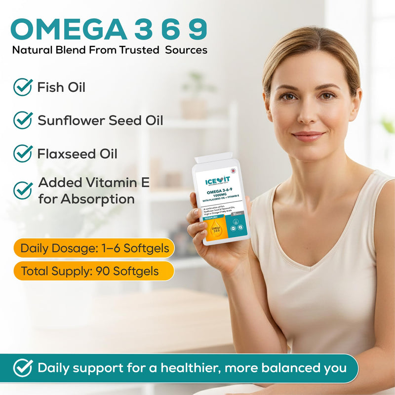 Omega 3-6-9 1000mg – 90 Softgels | with Fish & Flaxseed Oil + Vitamin E | Triple Omega Fatty Acids | UK Made | Heart, Brain, Skin & Eye Support | GMP Certified