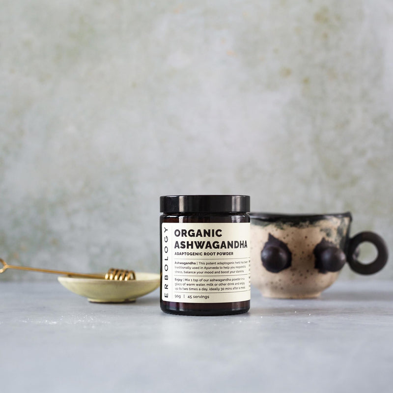 Erbology Organic Ashwagandha Powder 90g - 45 Servings - Sleep Aid - Rich in Withanolides - Sustainably Sourced Straight from Farm in India - Small Batch - Vegan - GMO-Free - Recyclable Glass Jar
