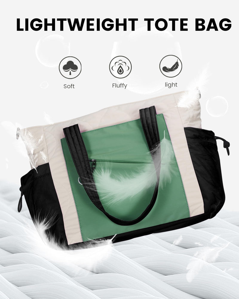 HUGOOME Large Puffer Quilted Lightweight Work Tote Bag for Women Teacher | Laptop, Nurse,Travel Cream+black+armygreen