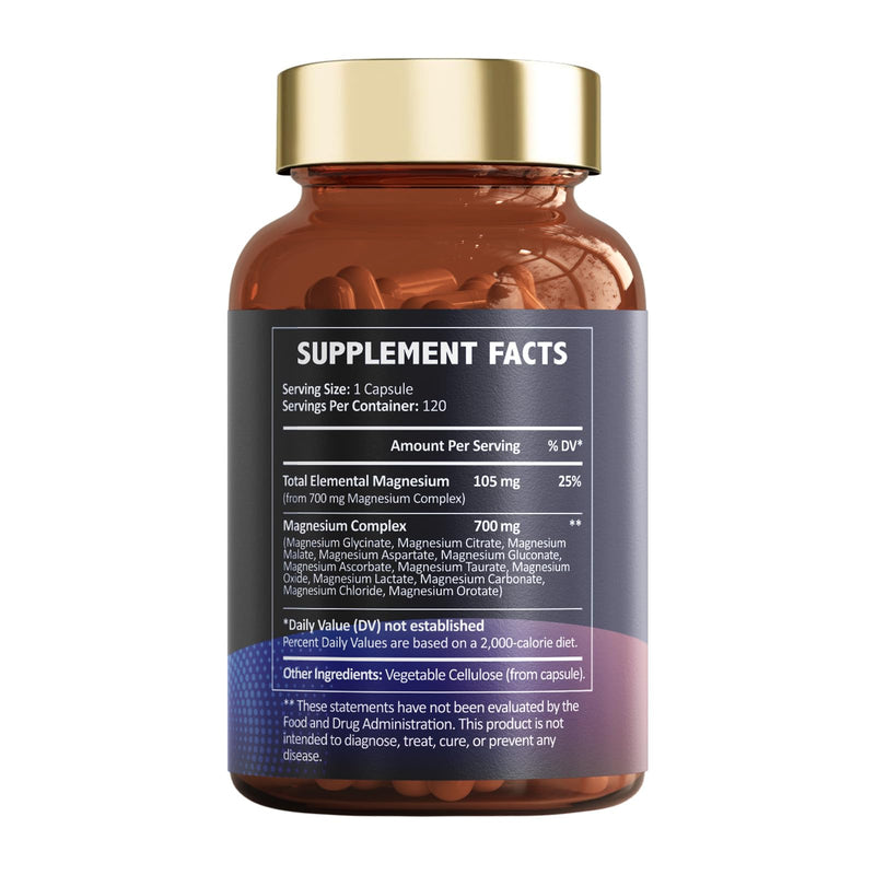 Totaria Magnesium Complex 700mg 12 in 1 Magnesium Supplement with Glycinate Citrate Malate Oxide Taurate Aspartate Orotate Magnesium Relaxation,Muscle,Heart Support, Vegan 120 Capsules 120 Count (Pack of 1)