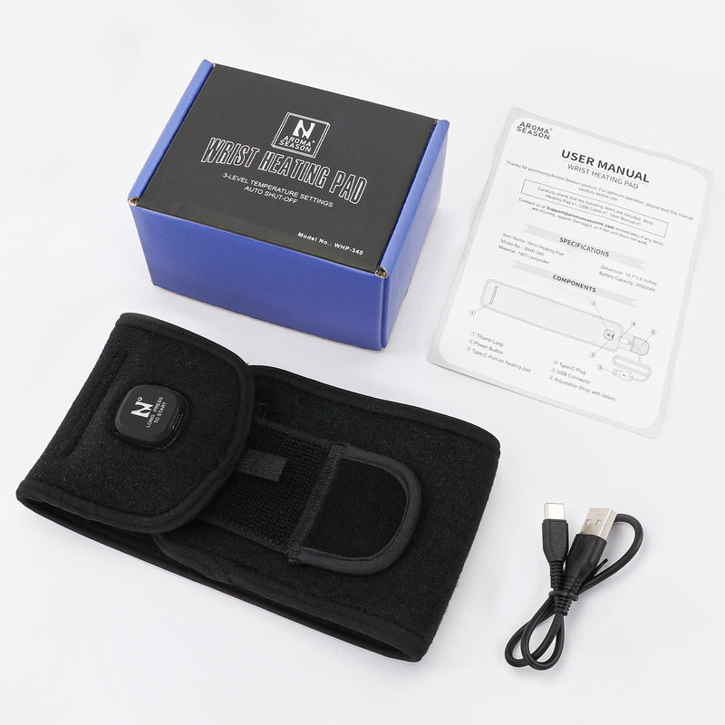 [Australia] - Aroma Season Heated Wrist Wrap, Carpal Tunnel Relief Heating Pad Cordless, Heating Wrist Hand Wrap Brace, De Quervain‘s Tenosynovitis Brace 3000 mAh Rechargeable Battery (Black) 