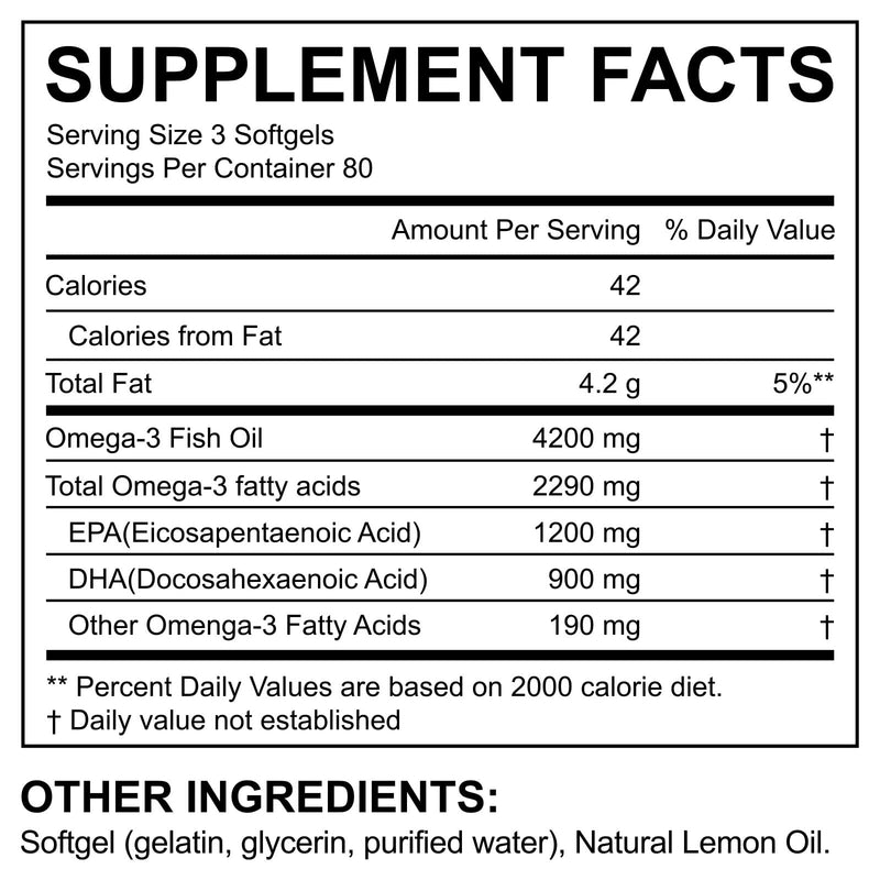 Omega 3 Capsules High Strength Fish Oil 4200mg | 240 Softgels with Lemon Flavour | 1200mg EPA + 900mg DHA per Serving | High Strength Triple Action Omega 3 Supplement for Heart, Brain & Eye Health