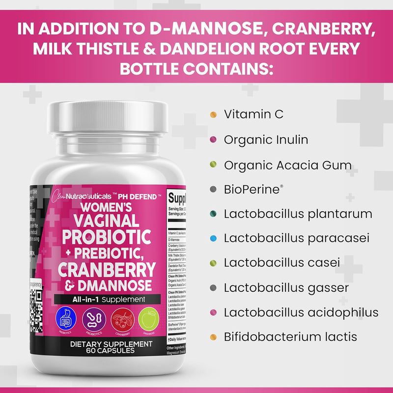 [Australia] - Vaginal Probiotics For Women + Prebiotics 20 Billion Cranberry Pills 30,000mg w/ D-Mannose 500 mg for Urinary Tract Health pH Balance - Womens Probiotic Vitamins for Vaginal Health Supplements Pills 