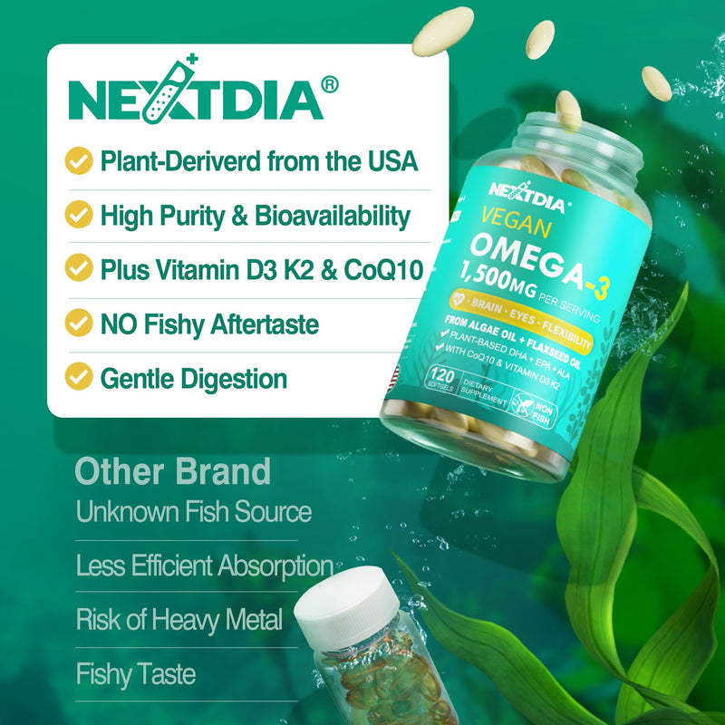 Vegan Omega 3 EPA DHA ALA Supplements + CoQ10, Vitamin D3 K2 for Women Men | 1500mg Plant Based Omega 3 Fatty Acids Mini Softgels for Bone Brain Eye Skin, Algae Oil as Fish Oil Alternative, 120 Pills
