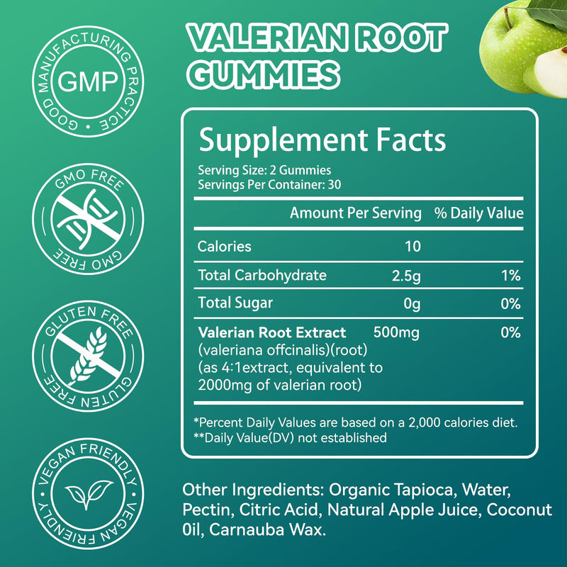 [Australia] - Valerian Root Gummies 2000mg, Valerian Root Extract for Relaxation & Mood Support, Herbal Supplement for Kids & Adults, Vegan, Apple Flavor, 60 Count 60 Count (Pack of 1) 