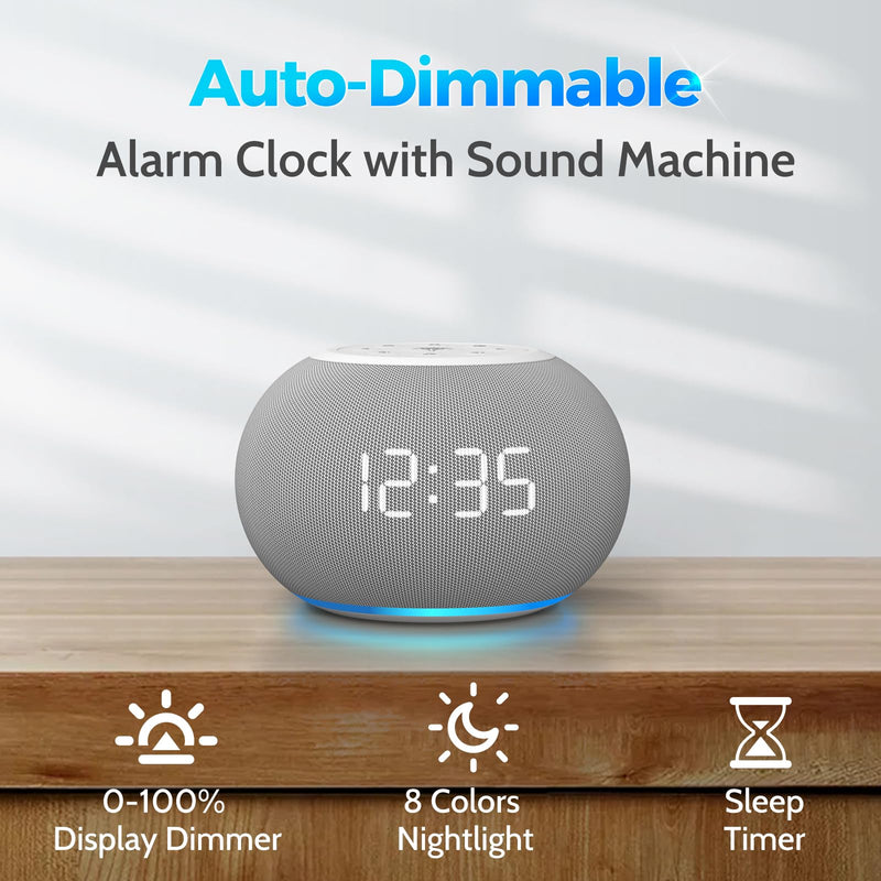 [Australia] - Reacher Auto-Dimmable Sound Machine Alarm Clock with Night Light, 20 Soothing Sounds, LED Digital Display, Sleep Timer, Precise Volume Control, White Noise Soother for Baby, Adults, Bedrooms A-grey 