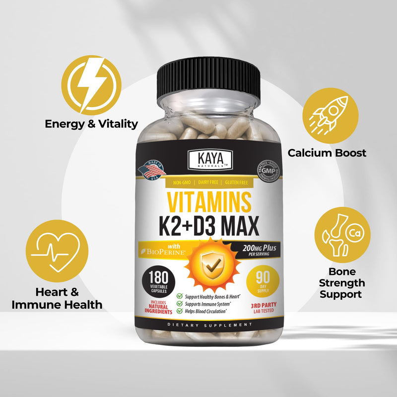 Kaya Naturals Vitamins K2 with D3 5000IU Supplement for Men and Women - Easy to Swallow - Bioperine Capsules (180 Count (Pack of 1) 180 Count (Pack of 1)