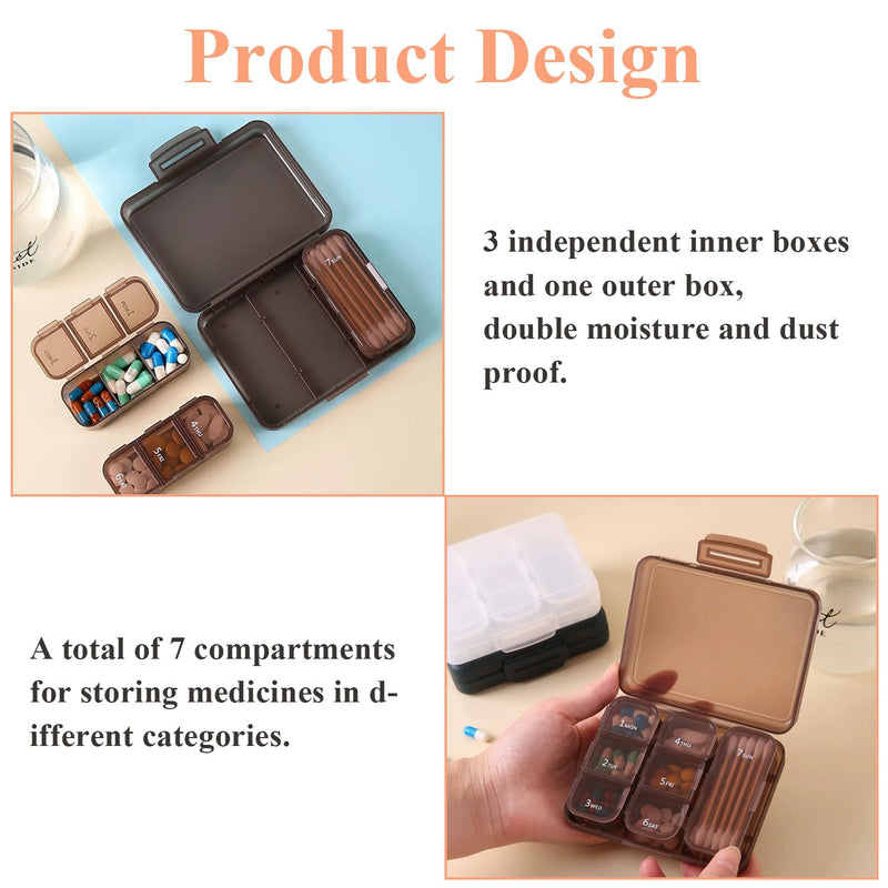 Weekly Pill Box Organiser for Pocket Daily Medication Storage Case | Brown Pill Case with 7 Compartments, BPA-Free Double Seal Waterproof, Storage for Vitamins, Fish Oil, Dietary Supplements