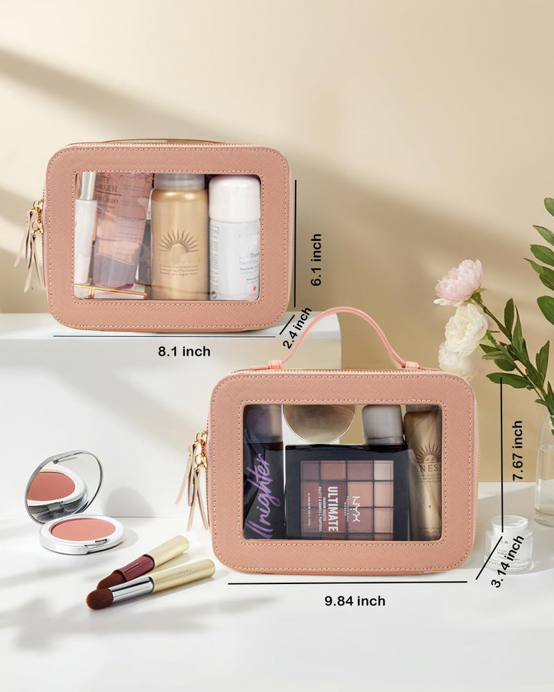 Travel Clear Makeup Bag Set, TSA Approved Cosmetic Bag Case with Zipper Portable Makeup Pouch Toiletry Bag Traveling Cosmetic Organizer Storage Bag Car Organizer Car Essentials Dual Dark Pink