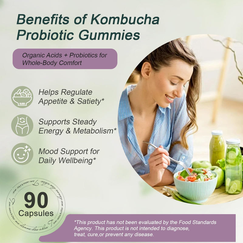 90 Vegan Probiotics Kombucha Gummies | Prebiotics, Probiotics, Postbiotics, Supplement with Fibre, Slippery Elm, Dandelion Root & MCT Oil | Supports Gut Health & Bloating for Men & Women