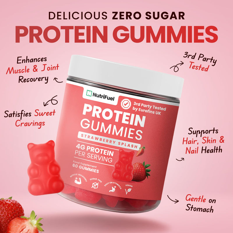 Protein Gummies - 4 Grams per Serving | Strawberry Splash Flavour | 60 Count | Vegan Essential Amino Acids for Recovery & Performance by NutriFuel