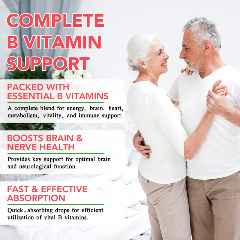 Vitamin B Complex Liquid Drops, 60ml High Strength B-Vitamin Complex Drops Vitamin B3 B6 B12 B1& Folate, Supports Immune System and Energy Levels, Brain Heart Function (60ML) 60 ml (Pack of 1)