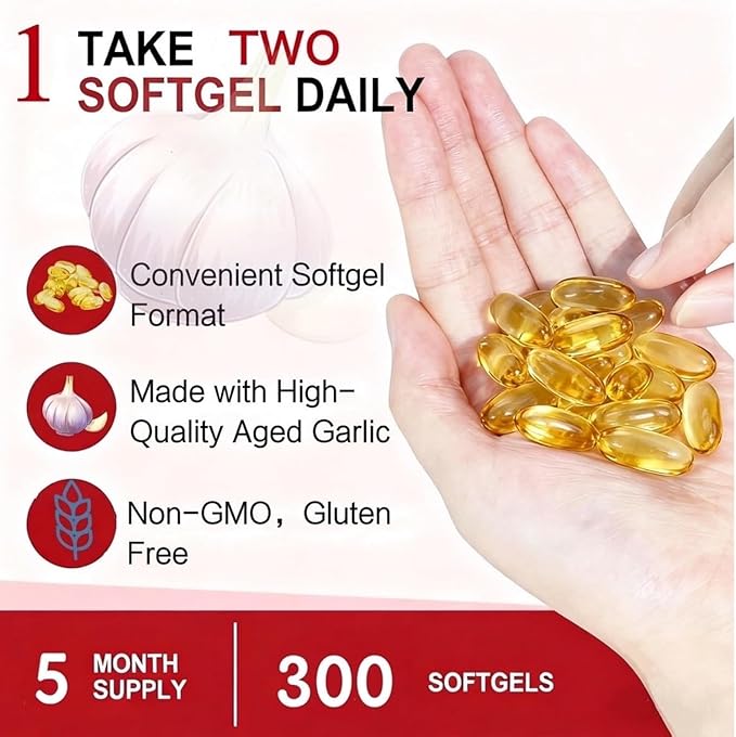 Aged Garlic Extract Capsules 7,500mg Equivalent 300 Softgels, Odourless Aged Garlic 15:1 Concentrate, Garlic Capsules for Daily Support, Non-GMO