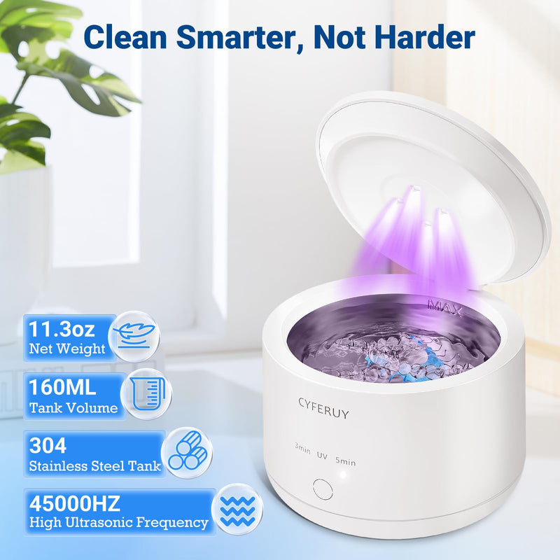 [Australia] - Ultrasonic Retainer Cleaner - 45kHz Retainer Cleaner Machine Dental Cleaning Pod for Dentures, Mouth Guard, Night Guard, Toothbrush Heads, Jewelry with 3 Modes & 160ML Capacity White 