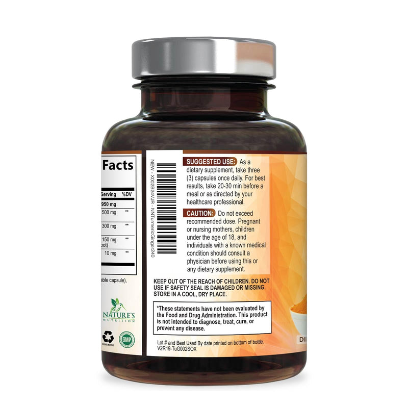 Turmeric Curcumin Supplement - 95% Curcuminoids with Organic Turmeric & Ginger, BioPerine Black Pepper Extract for Best Absorption, Natural Vegan Joint Support, Non-GMO, Bottled in USA - 240 Capsules 240 Count (Pack of 1)