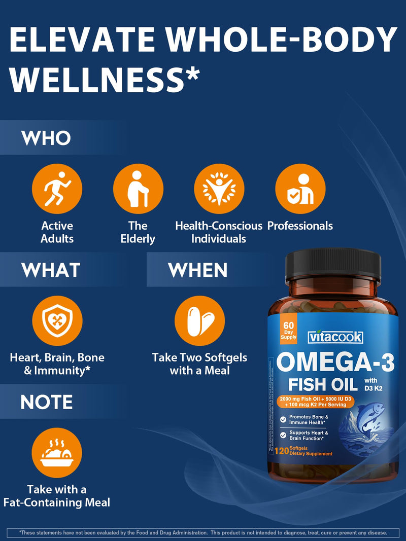 Omega 3 Fish Oil 2000mg, with Vitamins D3 & K2 (MK-7), Omega 3 Fatty Acid Supplements 1100mg, EPA, DHA, from Fresh, Wild-Caught Fish, Bone, Heart, Brain & Immune Health Support, 120 Softgels 120 Count (Pack of 1)