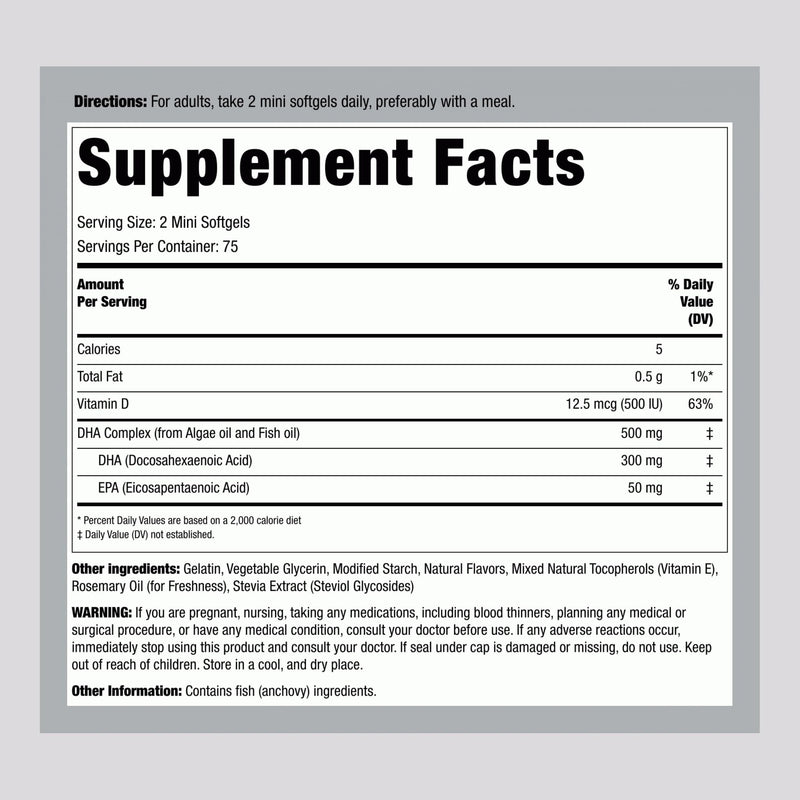 Piping Rock DHA | 150 Mini Softgels | 300mg Omega-3 + Vitamin D3 | Non-GMO, Gluten Free Supplement