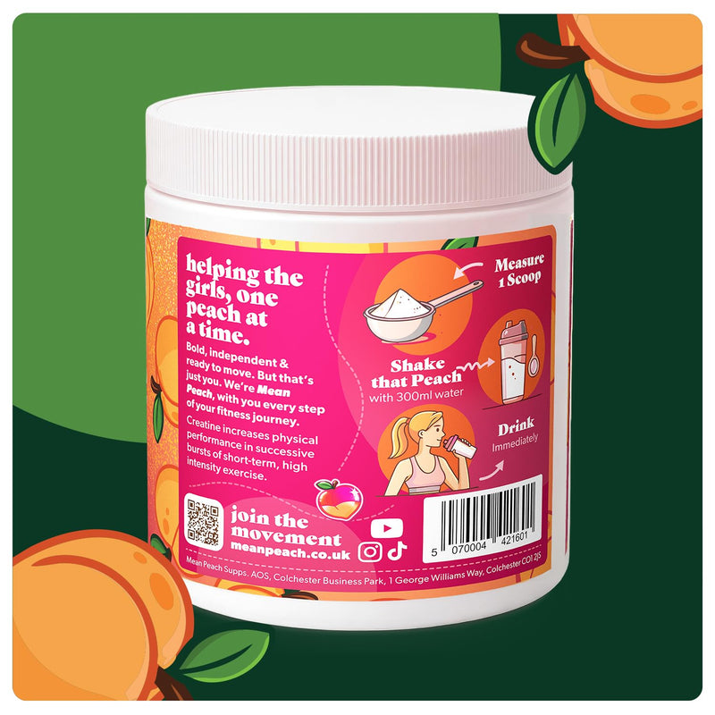 Mean Peach, Peach Flavour Creatine Monohydrate Powder - for Women! 408g tub, containing 60 Servings with 5g Creatine per Scoop. Vegan.