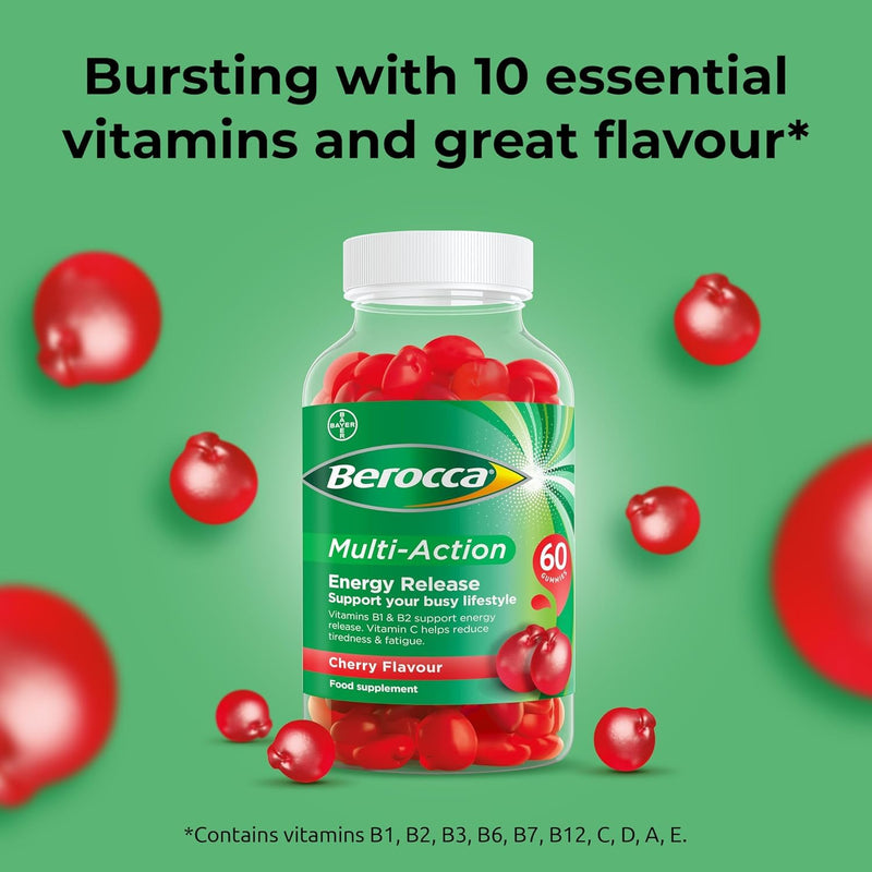 Berocca Multi-Action Multivitamin Gummies - Including Vitamin D, C, A, B-Complex (B1, B2, B3, B6, B7 & B12), E - Supplement for Women, Men and Kids - 60 Gummies x 3 Pack- Cherry Flavour 1 count (Pack of 180)
