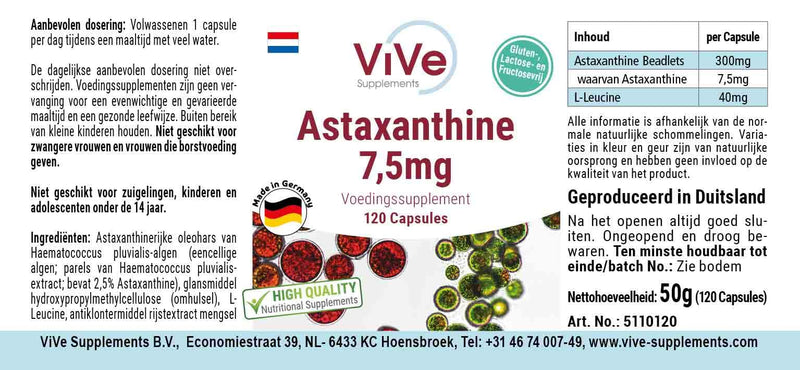 [Australia] - Astaxanthin 7.5 mg - 120 capsules - carotenoid - microencapsulated in beadlets - high dosage and vegan | Quality from Germany from ViVe Supplements 