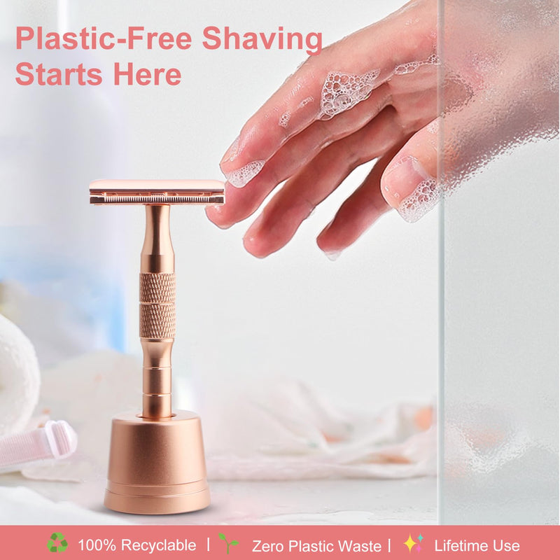 Rose Gold Double Edge Safety Razor with Stand, Single Blade Razors for Women and Men, Reusable Metal Razor, with 10 Double Edge Blades, Smooth & Close Shave, Plastic Free Rose Gold with Stand
