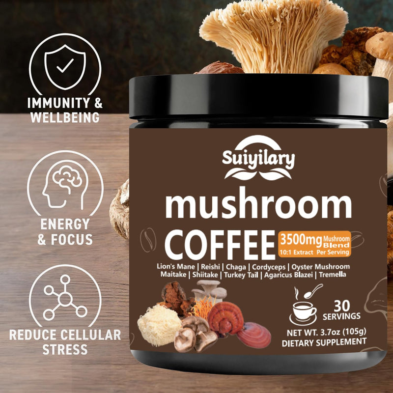 [Australia] - 10 Mushroom Coffee with Arabica w, Lion's Mane, Reishi, Mushroom Polysaccharides & More, 3500mg(10:1) Extract Instant Mushrooms Powder for Focus, Immunity Boost, Memory & Clarity - 30 Servings 3.7 Ounce (Pack of 1) 