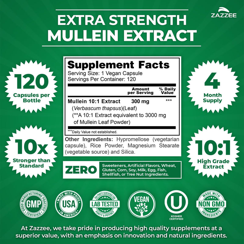 Zazzee Extra Strength Mullein Leaf 10:1 Extract, 120 Vegan Capsules | 4 Month Supply, Respiratory & Lung Support, Certified Kosher, 100% Pure Leaf Powder, Verbascum Thapsus, Non-GMO, Made in USA 120 Count