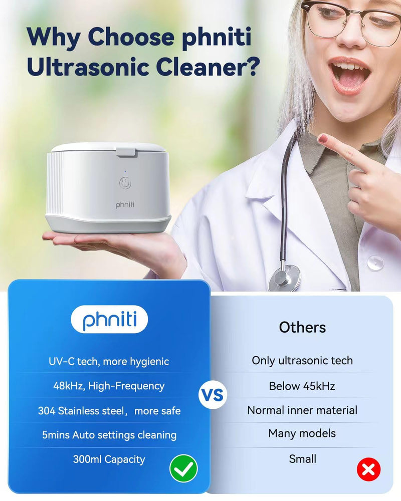 [Australia] - Ultrasonic Retainer Cleaner, Phniti 48kHz Professional Ultrasonic Cleaner Machine for Retainers, Jewelry, Dentures, Mouth Guard, Aligner, Toothbrush Heads, 13OZ Portable Dental Cleaning-White 350ml 