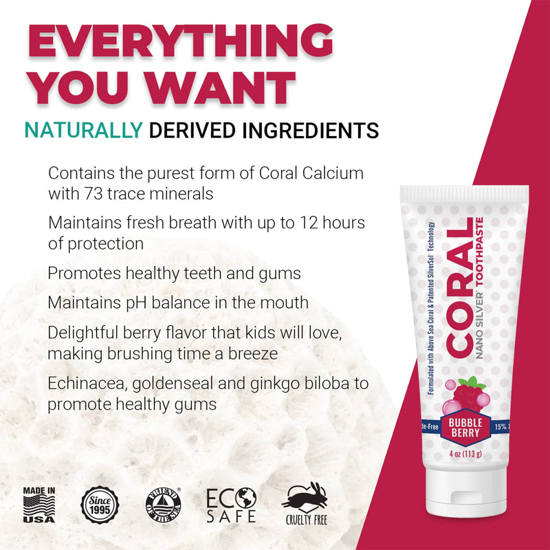 Coral Nano Silver Bubble Berry Kids Toothpaste, Natural Fluoride Free Teeth Whitening Toothpaste, Coral Calcium Nano Silver Infused SLS Free - 4 Ounces 4 Ounce (Pack of 1)