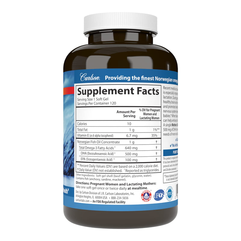 [Australia] - Carlson - Mother's DHA, 500 mg DHA, Prenatal Support, Fetal Development & Immune Health, 120 Softgels 120 Count (Pack of 1) 