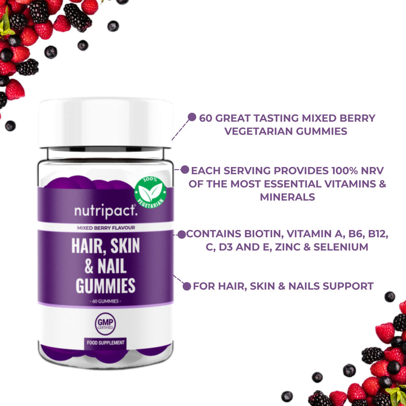 Hair, Skin & Nail Beauty Gummies - Biotin, Zinc, Vitamin D3, Selenium, Vitamin C - 60 Vegetarian Berry Chewable Vitamins - Multivitamins & Minerals Supplement - Gluten, Dairy, Soy & GMO Free