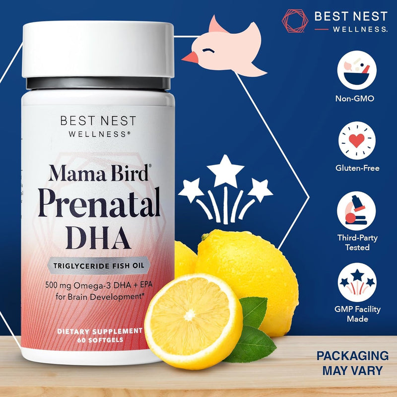[Australia] - Best Nest Wellness Mama Bird Prenatal DHA Vitamin, Prenatal Omega 3 DHA Supplements, Supports Baby's Brain & Eye Development, 500 mg Triglyceride Fish Oil, Easy to Swallow Lemon Flavor Softgels, 60 Ct Fish Oil DHA 