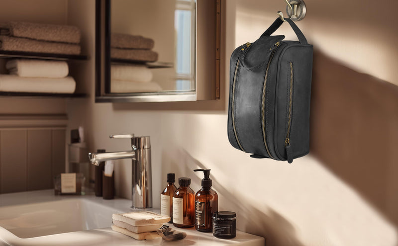 MDS® Genuine Leather Toiletry Bag for Men - Unisex Rustic Classic Vintage Handcrafted Full-Grain Leather Travel Dopp Kit with Waterproof Lining & Handle, Shaving & Grooming Kit Organizer Pouch, Black