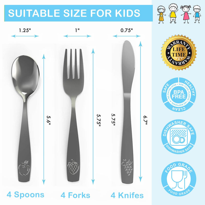 [Australia] - 12 Piece Stainless Steel Kids Silverware Set - Child and Toddler Safe Flatware - Kids Utensil Set - Metal Kids Cutlery Set Includes 4 Small Kids Spoons, 4 Forks & 4 Knives 12 Piece 