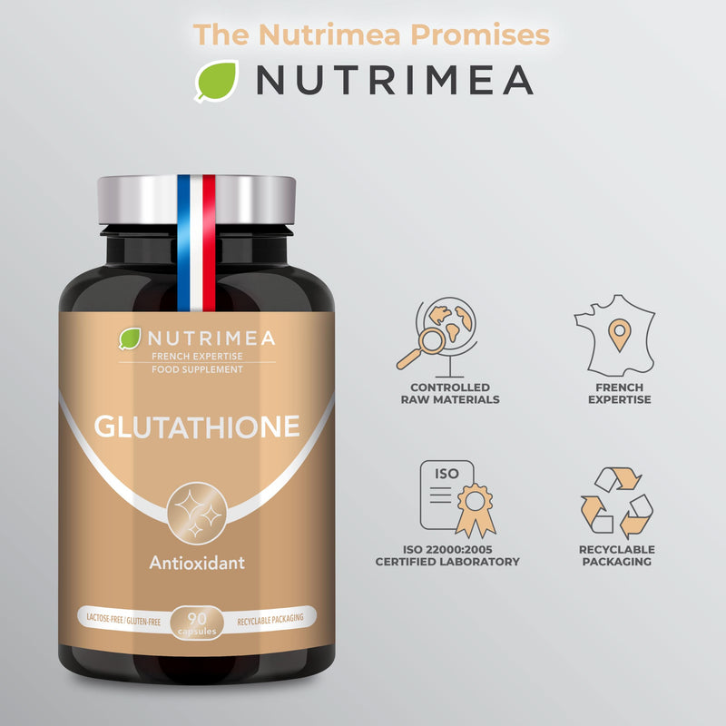 Glutathione Supplement - Reduced Glutathione Formula with NAC and Vitamin C - 90 Vegan Capsules - GMO-Free Formula - Easy to Swallow Capsules - French Expertise - Nutrimea