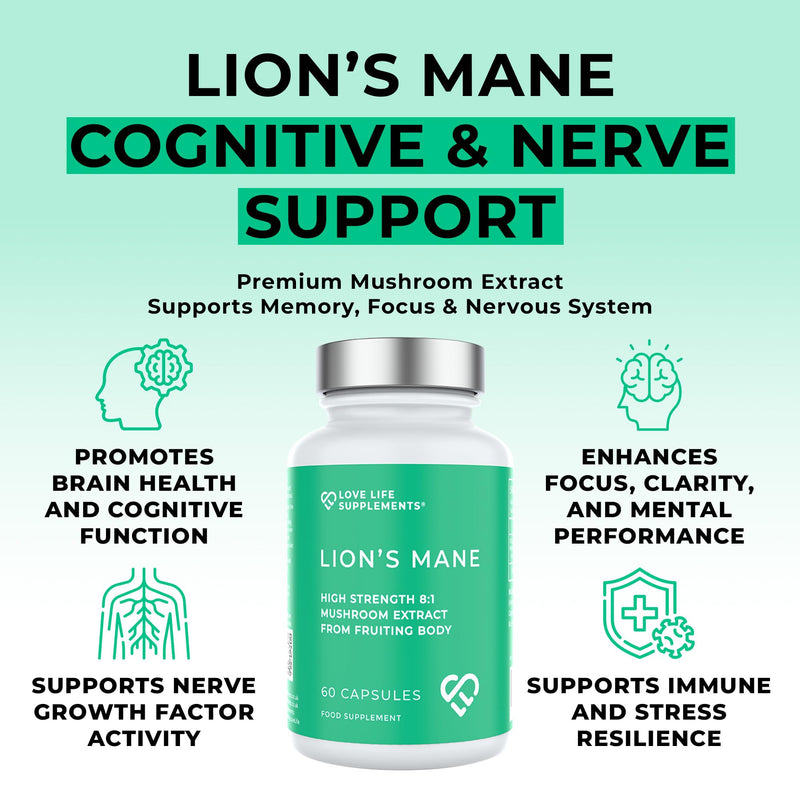 Organic Lions Mane Supplement High Strength, 60 Capsules, Premium 8:1 Mushroom Extract from Fruiting Body, No Fillers, for Mental Clarity, Focus, Attention, Love Life Supplements