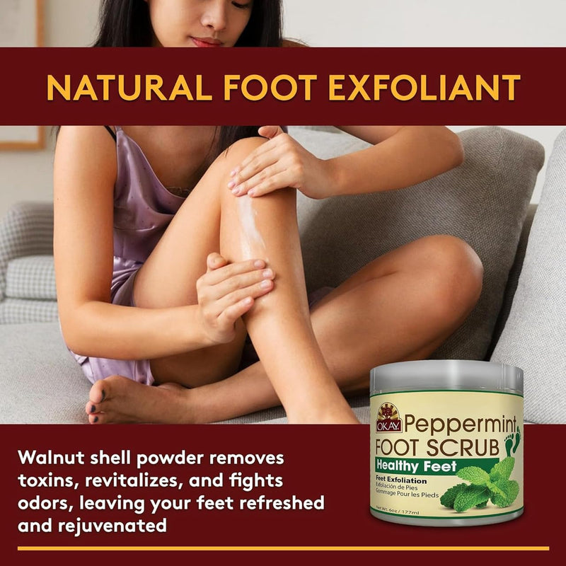 OKAY Peppermint Foot Scrub - Exfoliating Foot Scrub, Foot Exfoliator, Great for Cracked Heels, Pedicures, Dead Skin Remover, Exfoliant for Calluses, Moisturizer for Dry Skin - 6 Oz (Pack of 1) 6 Ounce (Pack of 1)