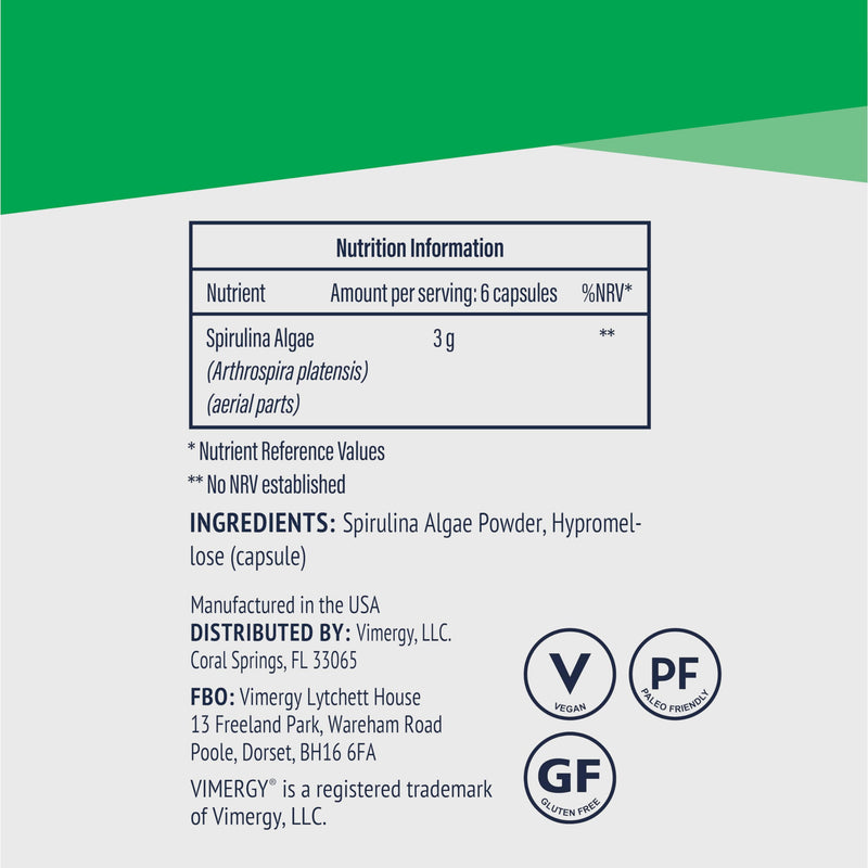 Vimergy Spirulina Capsules, 30 serv. – Easy to Digest – Powerful superfood – Vegan Supplement – Formulated Without Anti-Caking Agents, fillers, or Added Color– Non-GMO & Gluten-Free (180 caps)