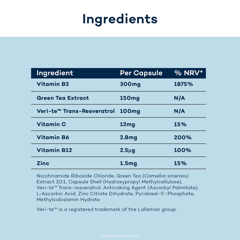FutureYou Cambridge NAD+ Advanced – Cellular Energy & Healthy Ageing Support with Nicotinamide Riboside, Veri-te Resveratrol, Green Tea Extract, Zinc & B Vitamins – Vegan, 28 Capsules (28-Day Supply)